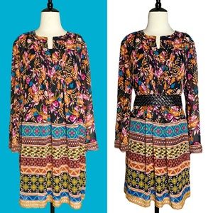 Beige by Eci Colorful Geometric & Floral Print Sheer Dress w-Black Slip - L